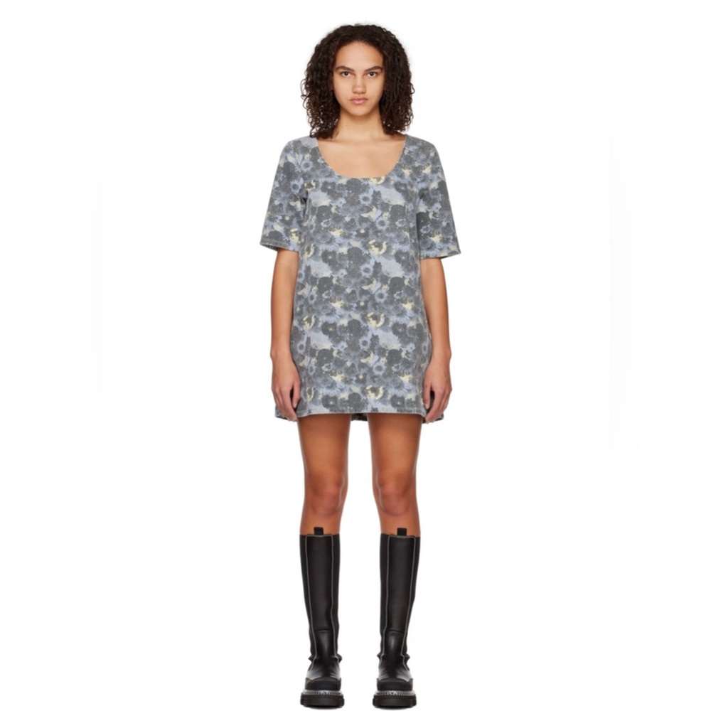 NWT Ganni Printed Floral Non-stretch Cotton Denim Mini Dress Pockets Size Small